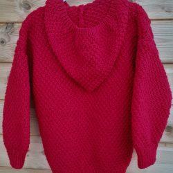 Hand Knitted Childs Aran Style Hooded  Cabled Jacket with Wooden Toggles. - Image 3